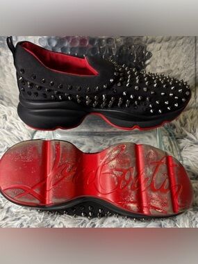 Black and Red Spiked Sneakers Slip On Men’s Shoes Red Bottom Size 41 Size 8